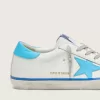 Super-Star LTD da donna in pelle bianca con stella e linguetta sul tallone in pelle azzurra Super-Star LTD da donna in pelle bianca con stella e linguetta sul tallone in pelle azzurra