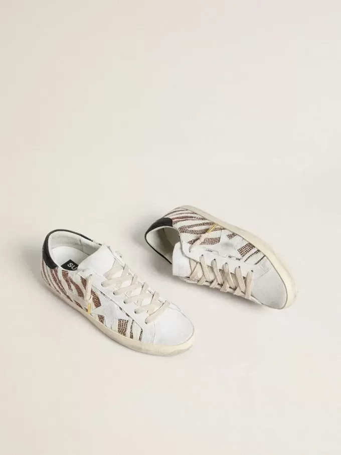Super-Star LTD da donna in pelle di cavallino bianca con glitter marroni e stella in pelle scamosciata bianca Super-Star LTD da donna in pelle di cavallino bianca con glitter marroni e stella in pelle scamosciata bianca