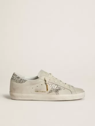 Super-Star LTD da donna in pelle nappa avorio con stella glitterata platino e linguetta sul tallone