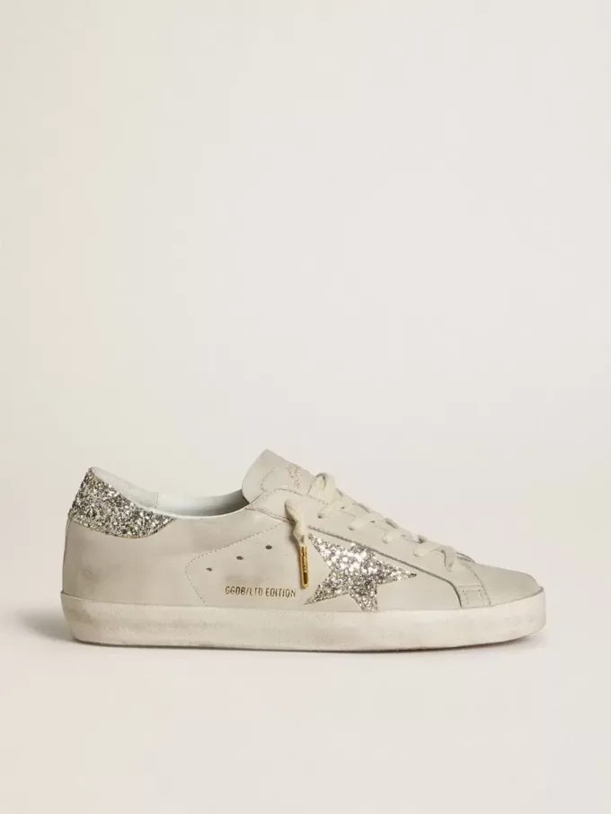 Super-Star LTD da donna in pelle nappa avorio con stella glitterata platino e linguetta sul tallone