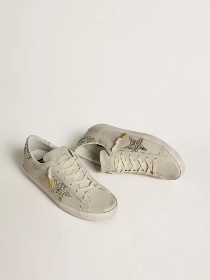 Super-Star LTD da donna in pelle nappa avorio con stella glitterata platino e linguetta sul tallone