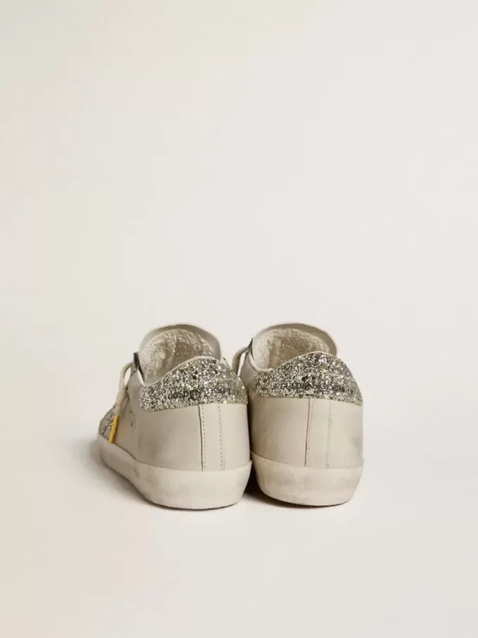 Super-Star LTD da donna in pelle nappa avorio con stella glitterata platino e linguetta sul tallone
