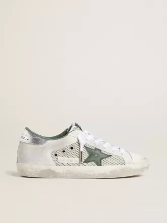 Super-Star LTD da donna in pelle scamosciata bianca e mesh con stella in pelle verde e linguetta sul tallone in pelle argentata