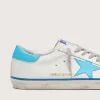 Super-Star LTD da uomo in pelle bianca con stella e linguetta sul tallone in pelle azzurra Super-Star LTD da uomo in pelle bianca con stella e linguetta sul tallone in pelle azzurra