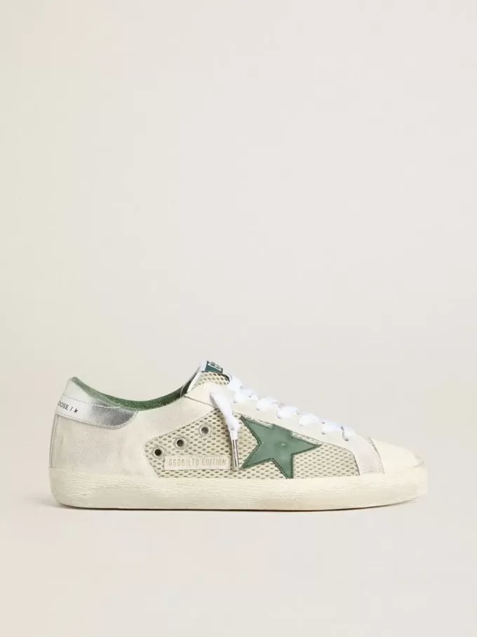 Super-Star LTD da uomo in pelle scamosciata bianca e mesh con stella in pelle verde e linguetta posteriore argentata Super-Star LTD da uomo in pelle scamosciata bianca e mesh con stella in pelle verde e linguetta posteriore argentata