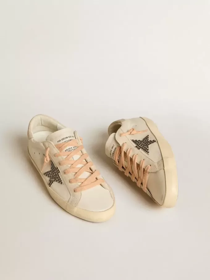 Super-Star LTD in pelle con stella in pelle scamosciata beige con borchie Swarovski