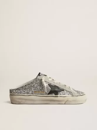 Super-Star Sabot da donna in glitter argento con stella in pelle nera