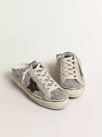 Super-Star Sabot da donna in glitter argento con stella in pelle nera