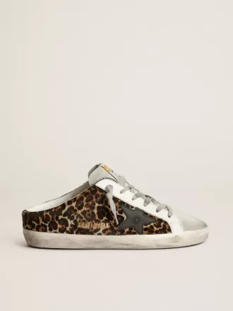 Super-Star Sabot da donna in pelle di cavallino con stampa leopardata e stella nera