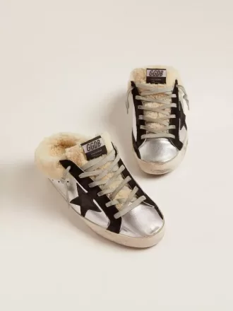 Super-Star Sabot da donna in pelle laminata argento con stella nera
