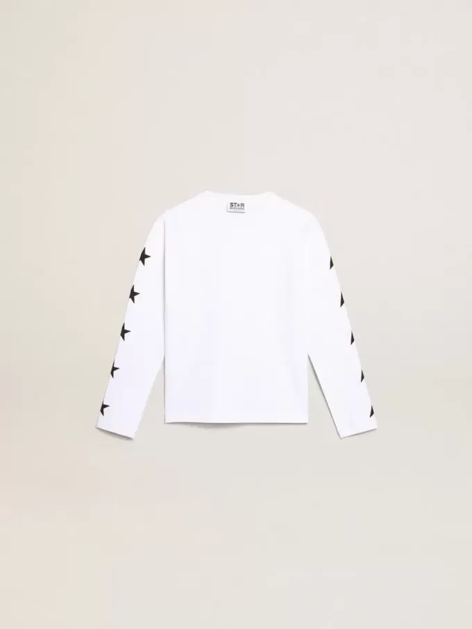 T-shirt bianca a maniche lunghe con stelle nere a contrasto