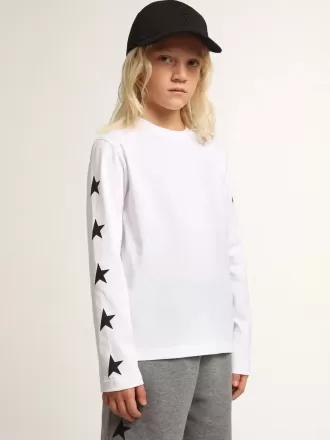 T-shirt bianca a maniche lunghe con stelle nere a contrasto