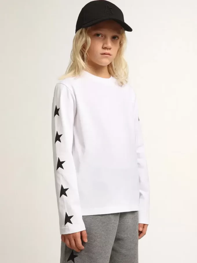 T-shirt bianca a maniche lunghe con stelle nere a contrasto