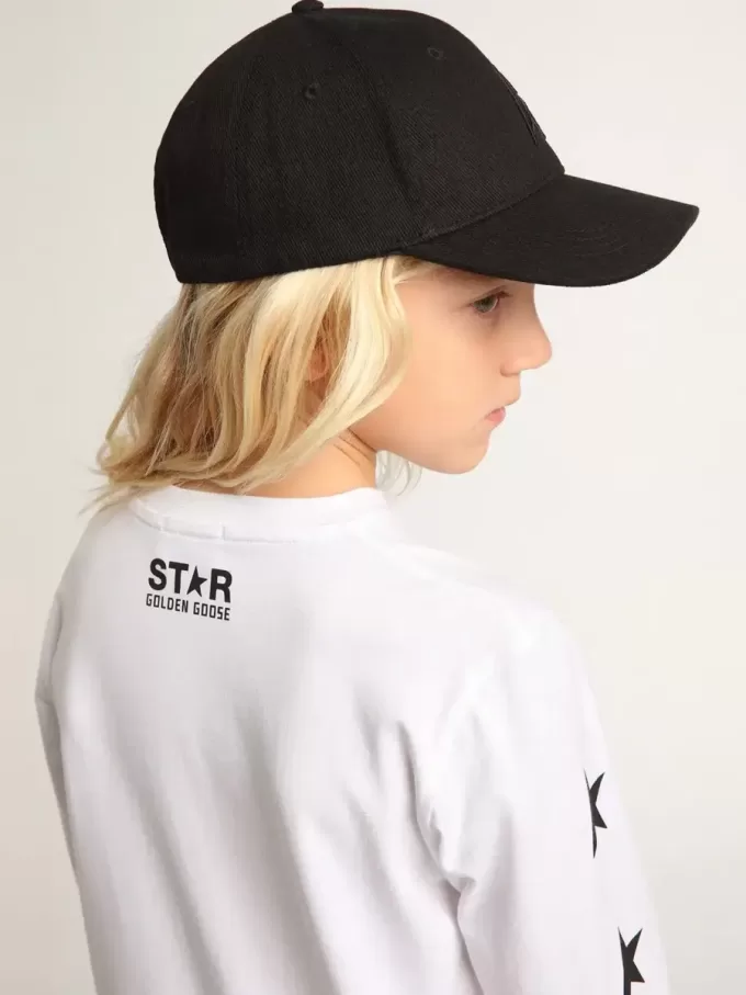 T-shirt bianca a maniche lunghe con stelle nere a contrasto