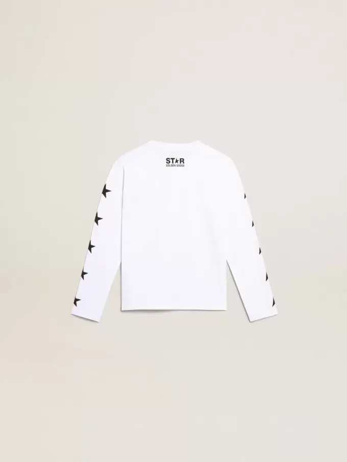 T-shirt bianca a maniche lunghe con stelle nere a contrasto