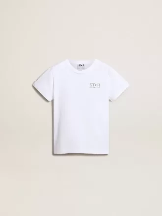 T-shirt bianca con logo argentato a contrasto sul davanti