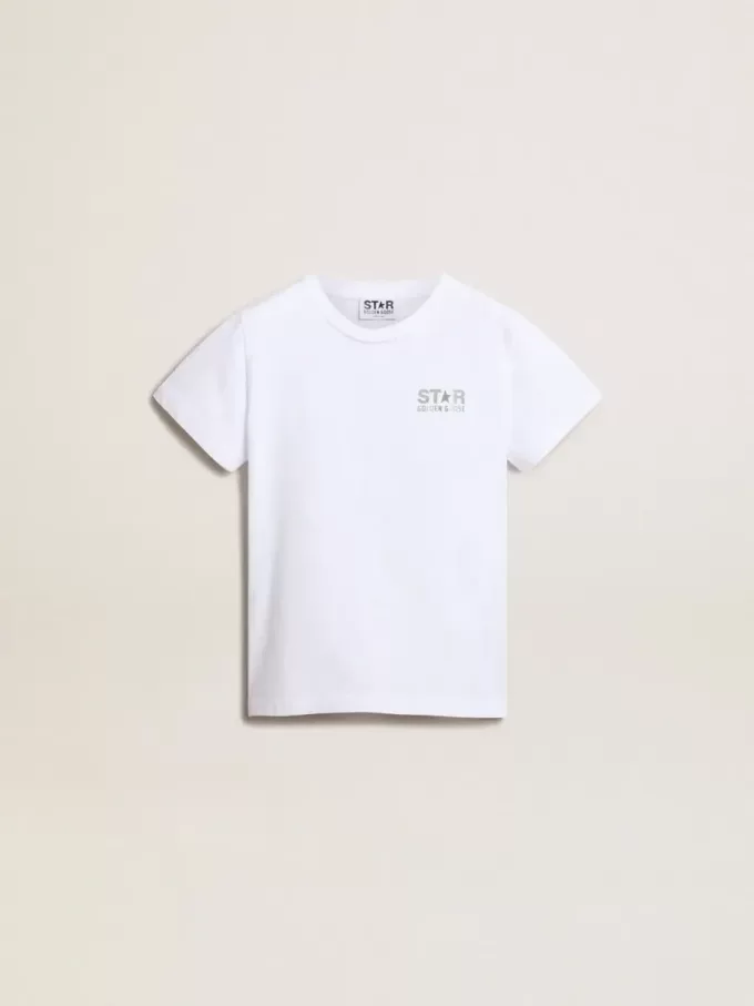 T-shirt bianca con logo argentato a contrasto sul davanti