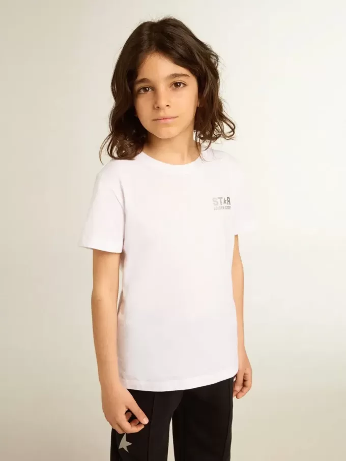 T-shirt bianca con logo argentato a contrasto sul davanti