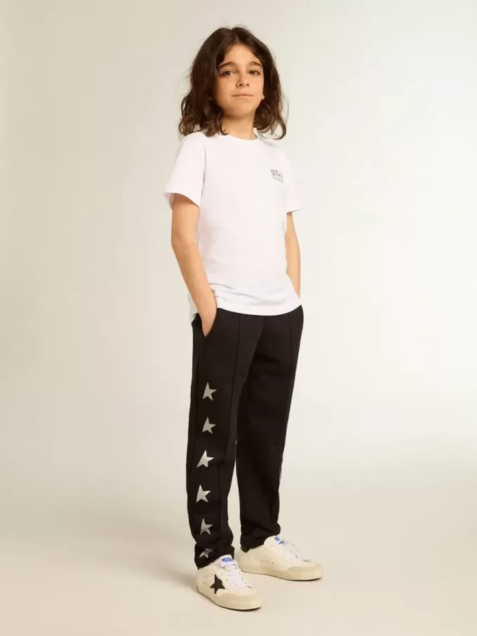 T-shirt bianca con logo argentato a contrasto sul davanti