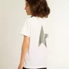 T-shirt bianca con logo argentato a contrasto sul davanti