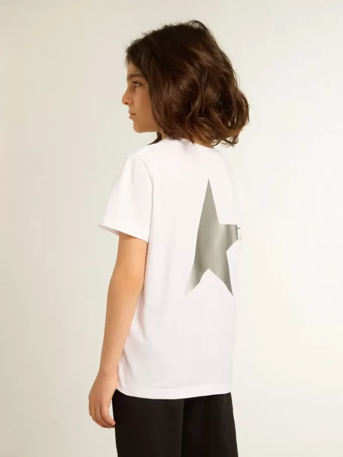 T-shirt bianca con logo argentato a contrasto sul davanti