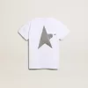 T-shirt bianca con logo argentato a contrasto sul davanti