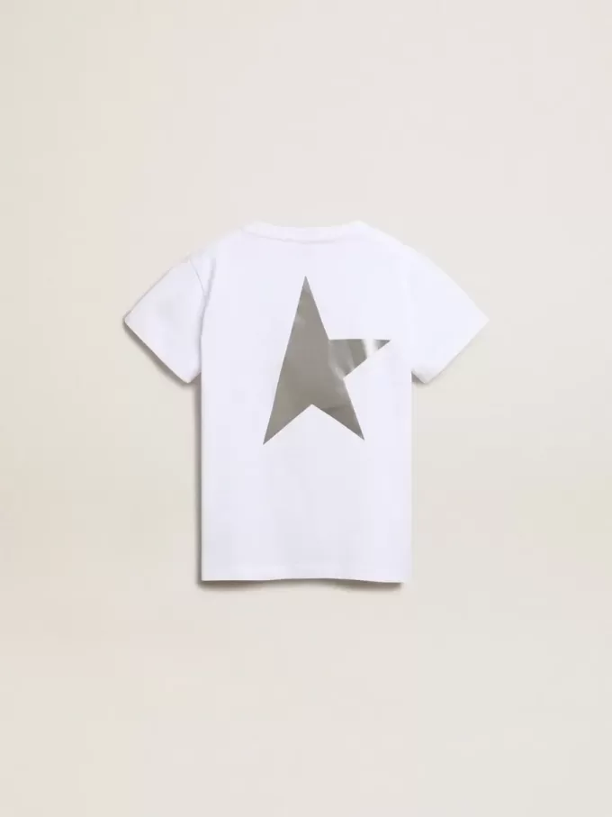 T-shirt bianca con logo argentato a contrasto sul davanti