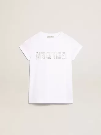 T-shirt bianca con scritta Golden centrale in cristalli