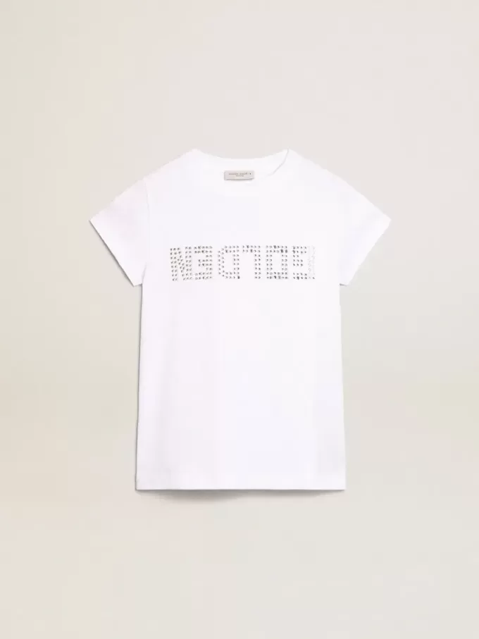T-shirt bianca con scritta Golden centrale in cristalli