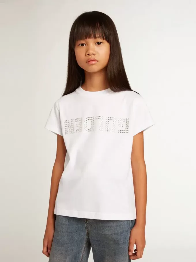 T-shirt bianca con scritta Golden centrale in cristalli