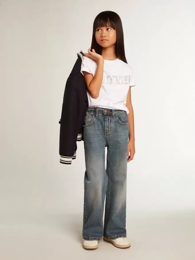 T-shirt bianca con scritta Golden centrale in cristalli