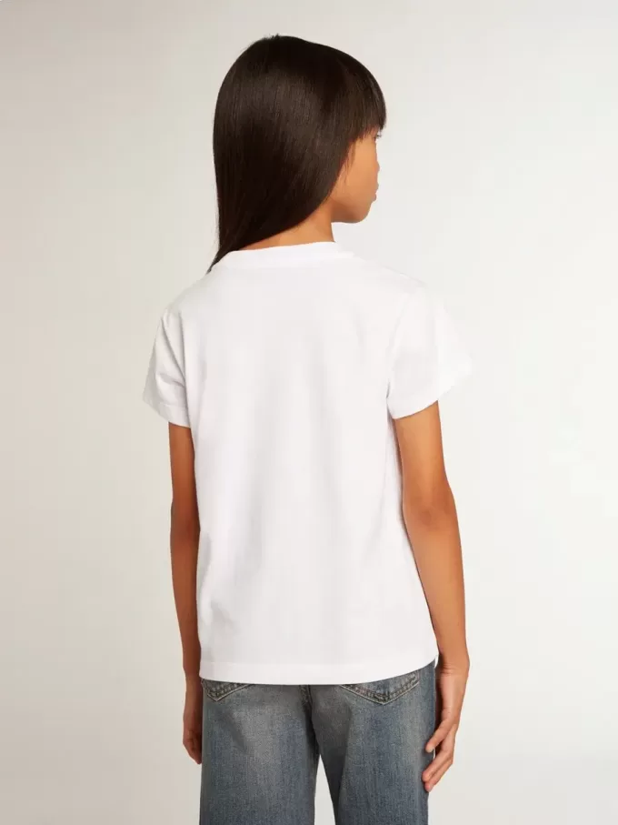 T-shirt bianca con scritta Golden centrale in cristalli