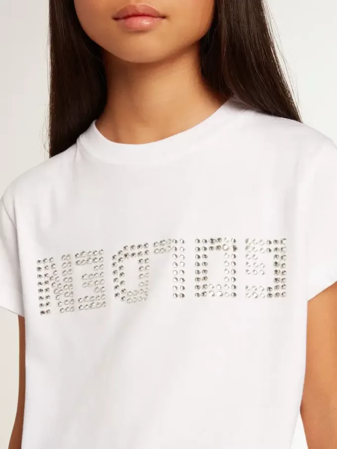 T-shirt bianca con scritta Golden centrale in cristalli