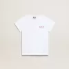 T-shirt bianca da bambina con logo rosa glitterato e maxi stella T-shirt bianca da bambina con logo rosa glitterato e maxi stella