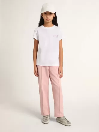 T-shirt bianca da bambina con logo rosa glitterato e maxi stella