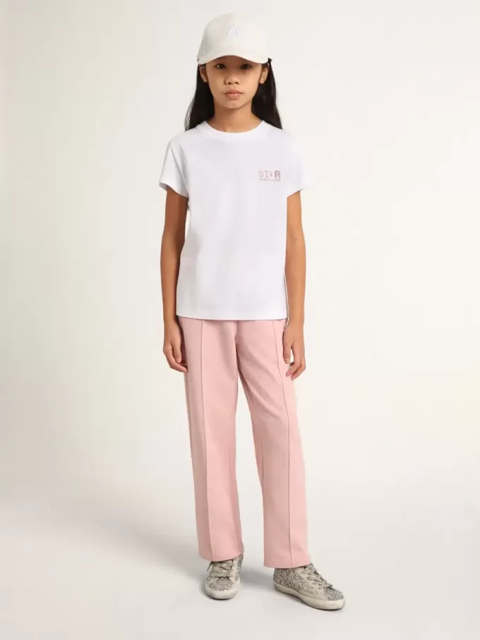 T-shirt bianca da bambina con logo rosa glitterato e maxi stella T-shirt bianca da bambina con logo rosa glitterato e maxi stella