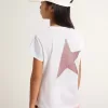 T-shirt bianca da bambina con logo rosa glitterato e maxi stella T-shirt bianca da bambina con logo rosa glitterato e maxi stella