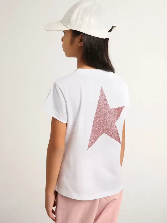 T-shirt bianca da bambina con logo rosa glitterato e maxi stella T-shirt bianca da bambina con logo rosa glitterato e maxi stella