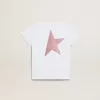 T-shirt bianca da bambina con logo rosa glitterato e maxi stella T-shirt bianca da bambina con logo rosa glitterato e maxi stella
