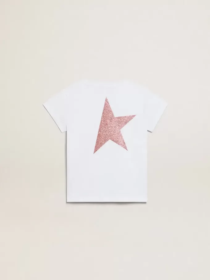 T-shirt bianca da bambina con logo rosa glitterato e maxi stella T-shirt bianca da bambina con logo rosa glitterato e maxi stella