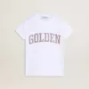 T-shirt bianca da bambina con scritte dorate glitterate rosa