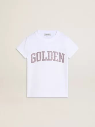 T-shirt bianca da bambina con scritte dorate glitterate rosa