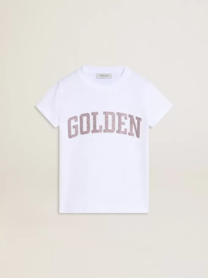 T-shirt bianca da bambina con scritte dorate glitterate rosa
