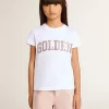 T-shirt bianca da bambina con scritte dorate glitterate rosa