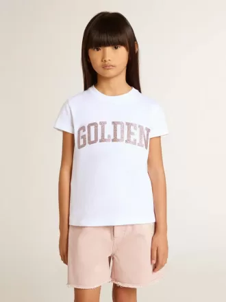 T-shirt bianca da bambina con scritte dorate glitterate rosa