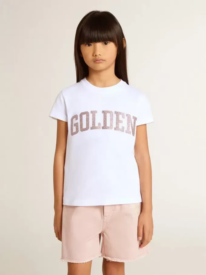 T-shirt bianca da bambina con scritte dorate glitterate rosa