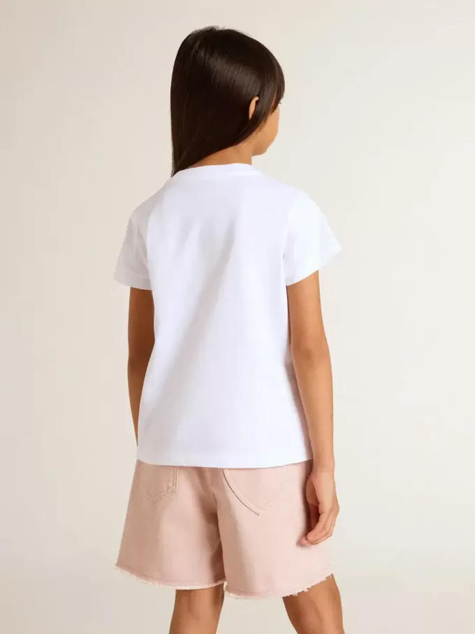 T-shirt bianca da bambina con scritte dorate glitterate rosa