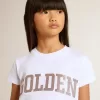 T-shirt bianca da bambina con scritte dorate glitterate rosa
