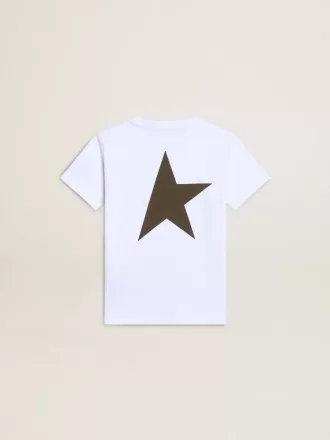 T-shirt bianca da bambino con logo verde scuro a contrasto e stella