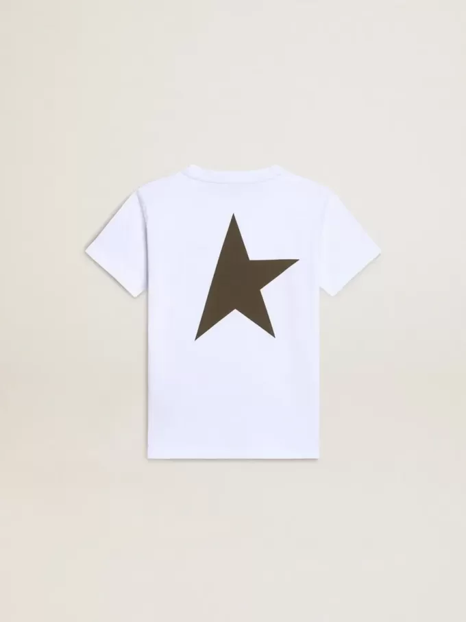 T-shirt bianca da bambino con logo verde scuro a contrasto e stella T-shirt bianca da bambino con logo verde scuro a contrasto e stella